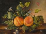 tableau représentant deux pêches posées sur une table, avec des feuilles et un papillon