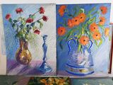 three paintings of flowers in vases on a table