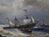 a painting of a ship in the water with other boats in the water