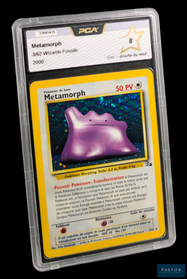 La carte Pokémon se trouve dans un étui en plastique transparent sur fond noir.