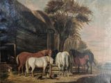 a painting of a group of horses standing in a field