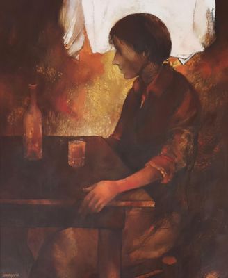tableau représentant une femme assise à une table devant une fenêtre
