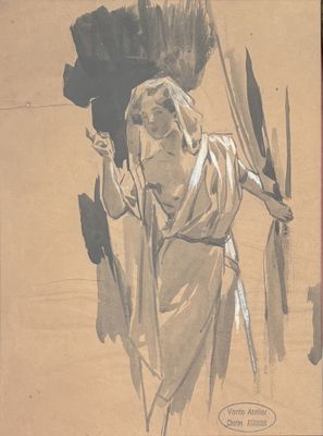 drawing of a woman holding a fan in her right hand and a black and white drawing of a woman holding a fan in her right hand