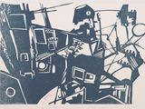une image représentant un dessin en noir et blanc d'un homme sur un bateau