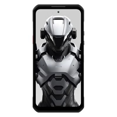 an image of a black and white photo of a robot on a phone