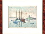 a picture of a painting of boats in the water