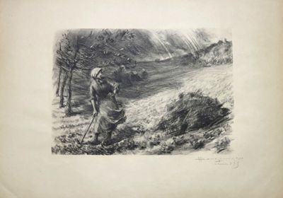 un vieux dessin représentant un homme avec une pelle dans un champ