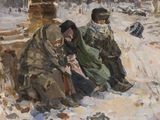 a painting of two people sitting on a bench in the snow