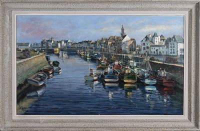 a painting of a harbor scene with boats in the water