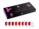 a box of six different colors of nail polish on a white background