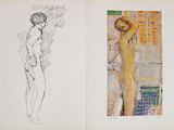 an open book with two drawings of a woman and a man
