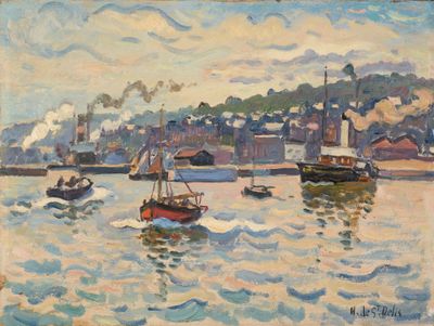 un tableau représentant des bateaux sur l'eau près d'une ville