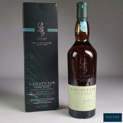 the bottle of lagavulin is next to a box of wine
