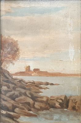 an image of a painting of a lighthouse on a rocky shore