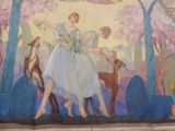 painting of a woman in a blue dress walking with two deers
