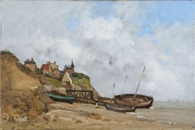 une peinture d'un bateau sur la plage au bord de l'eau