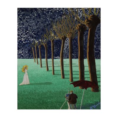 a painting of a man and a woman in a park