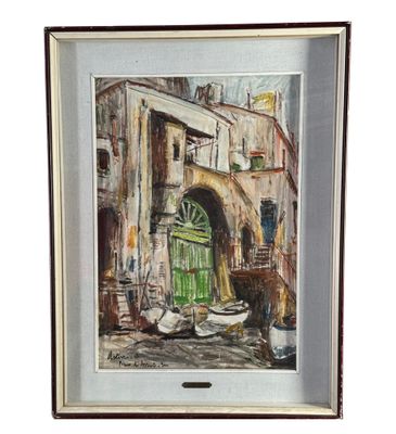 une peinture représentant une porte verte dans un vieil immeuble