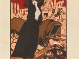 an old poster of a woman raising her fist in front of a city