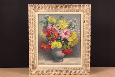 a painting of flowers in a vase on a table