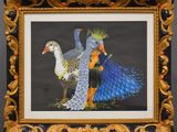 une photo d'un tableau représentant une femme et deux oiseaux