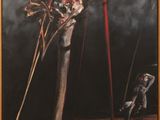 painting of a man standing in front of a skeleton with a sword