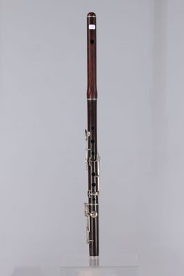 a close up of a clarinet in a clear case on a white surface