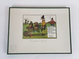 framed picture of a cartoon of a man pushing a wheelbarrower