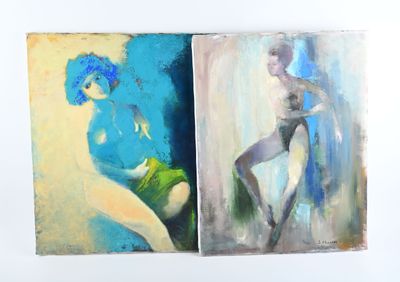 deux tableaux représentant une femme aux cheveux bleus et un homme aux cheveux bleus