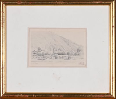 an image of a drawing of a landscape with a mountain in the background