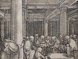 une gravure représentant un dessin d'un groupe de personnes assises autour d'une table