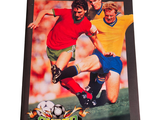a poster of two soccer players kicking a soccer ball