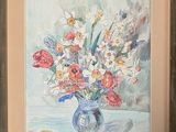 a painting of flowers in a vase on a table