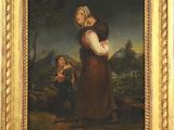 une peinture ancienne représentant une femme tenant un enfant dans ses bras
