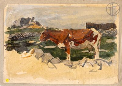 a painting of a cow standing in a field