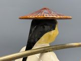 a figurine of a woman with a hat on top of her head