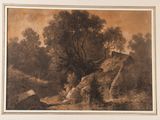 an old picture of a man sitting on a rock in a wooded area