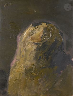 une peinture à l'huile représentant un chien assis devant une pelote de laine