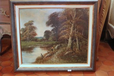 painting of a landscape with a river and trees in a frame