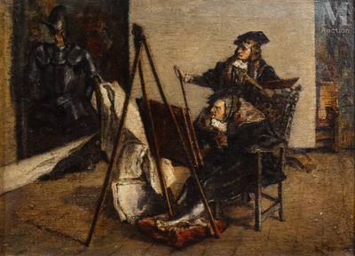 an image of a painting of a man sitting in front of a painting easel