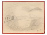 dessin au crayon représentant une maison sur une colline, avec le ciel en arrière-plan