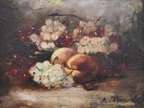painting of a basket of fruit with cherries and peaches on a table