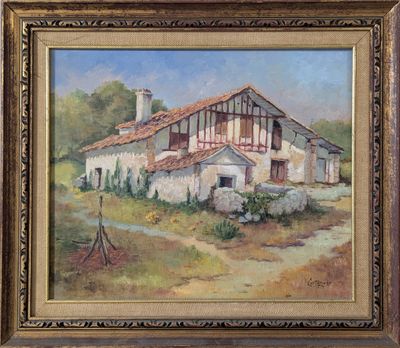 une peinture à l'huile représentant une maison dans un cadre champêtre
