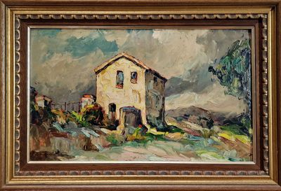 une image d'une peinture représentant une maison sur une colline