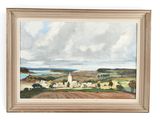 un tableau représentant un paysage avec une ferme au premier plan