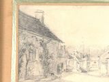 a drawing of a street scene with buildings and a church in the background