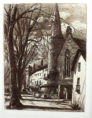 a picture of a drawing of a church in a town