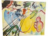 abstract painting of a cat and a bird on a yellow background