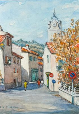 une peinture représentant une scène de rue avec une tour horloge en arrière-plan
