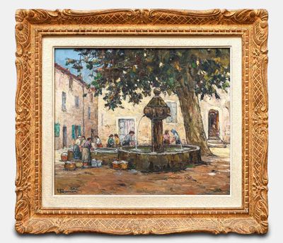 an oil painting of a fountain in front of a building with a tree